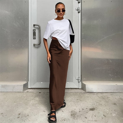 Simple Satin Maxi Skirt in Solid Color