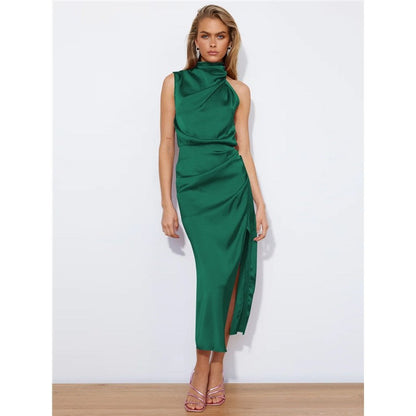 Solid Color Sleeveless High Waisted Slit Satin Maxi Dress