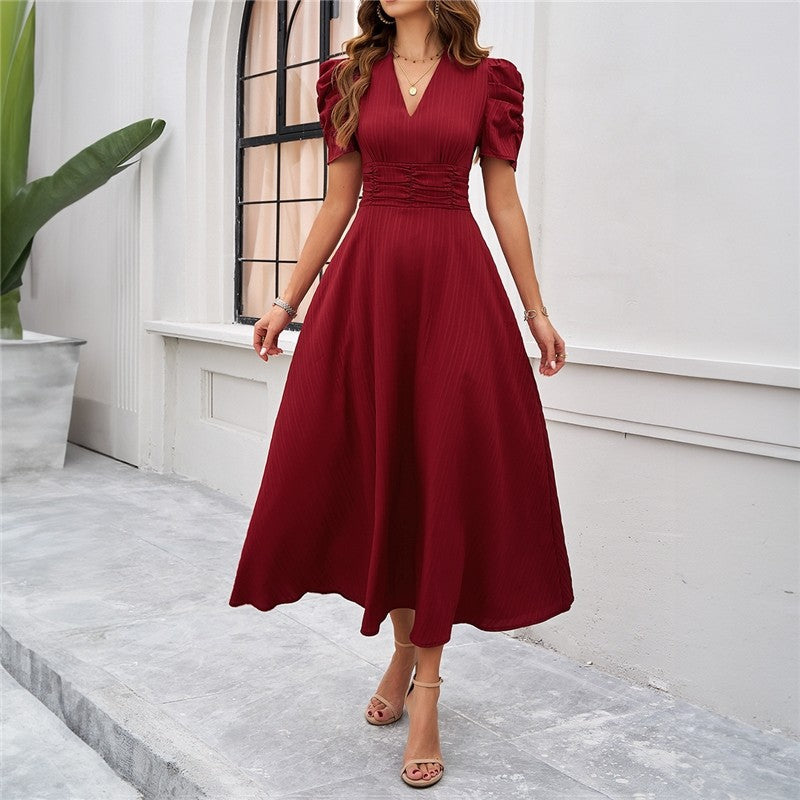 Short Sleeve Solid Color A-Line Maxi Dress