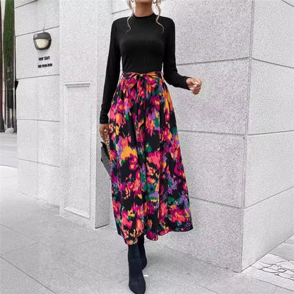 Long Sleeve Stand Collar Floral Printed Patchwork A-Line Tied Maxi Dress