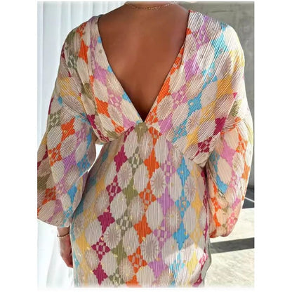Retro Maxi Dress with Deep V-Neck and Long Sleeves