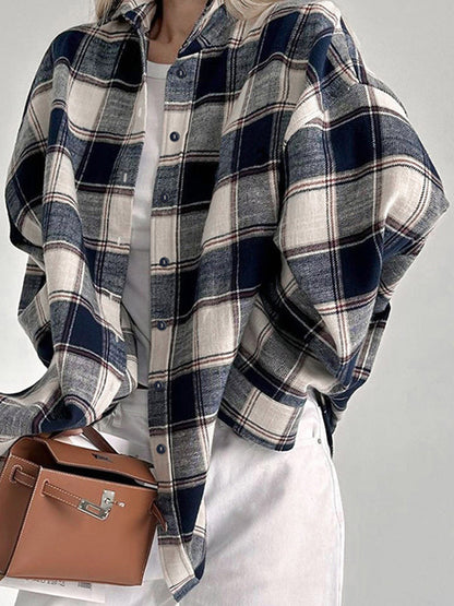 Long Sleeves Loose Plaid Split-Joint Lapel Blouses&Shirts Tops