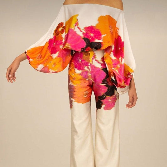 Printing Boat Neck Balloon Sleeve Top And Wide Leg Pants Two Pieces Suits