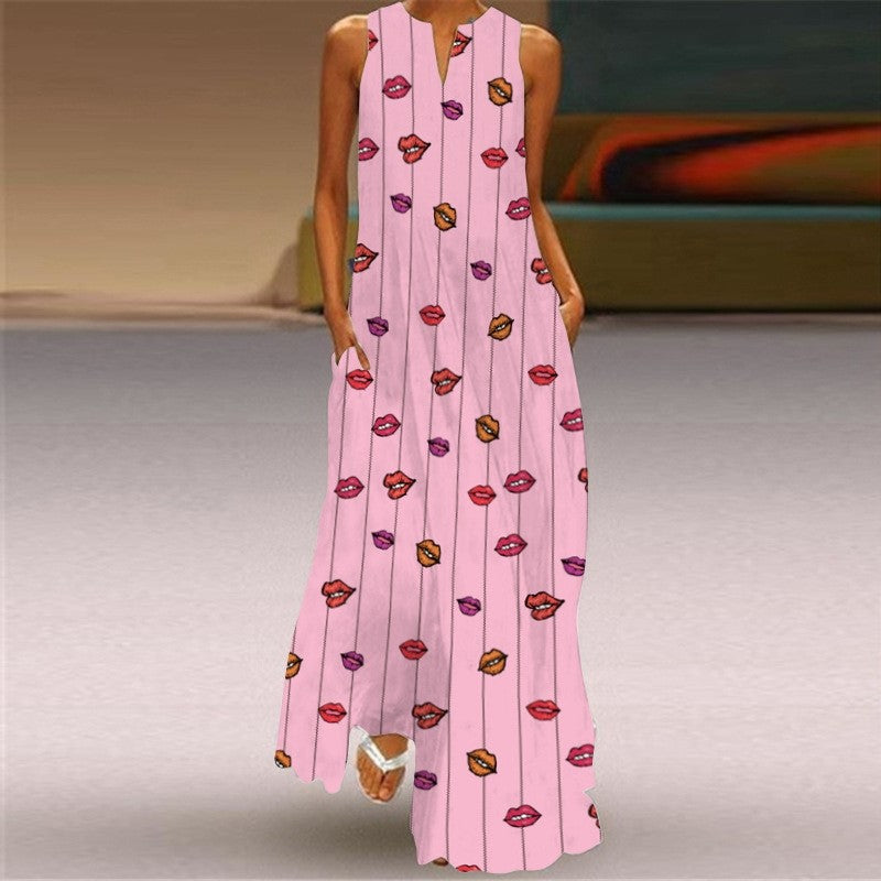 Sleeveless Printed V-Neck Casual Dress