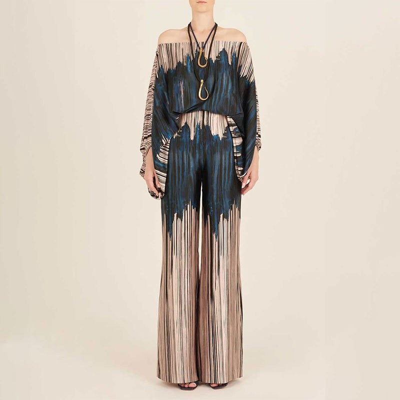 Printed Batwing Sleeve Top with Wide Leg Pants Set