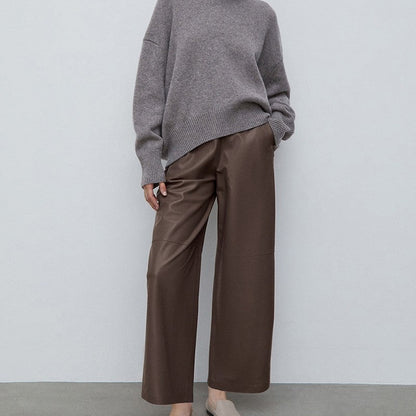 High Waisted Solid Color Straight Leg Faux Leather Pants