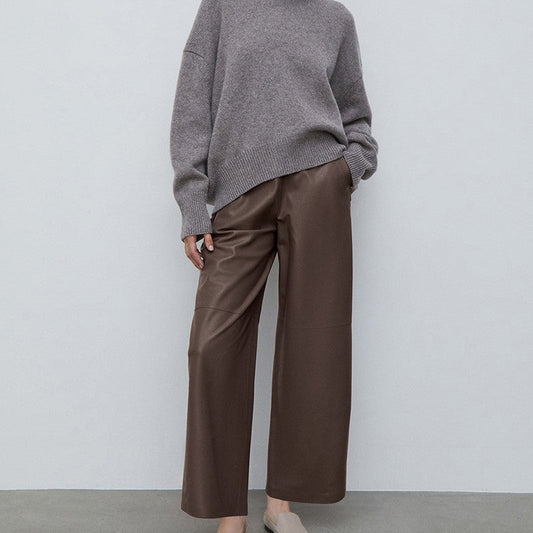 High Waisted Solid Color Straight Leg Faux Leather Pants