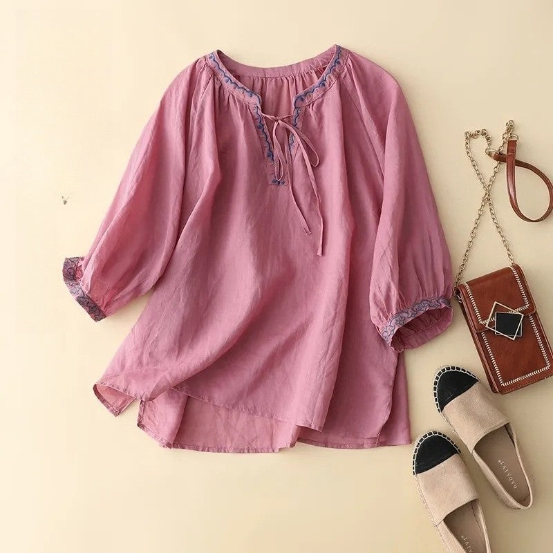 Embroidered Linen V-Neck Tie-Waist Seven-Sleeve T-Shirt