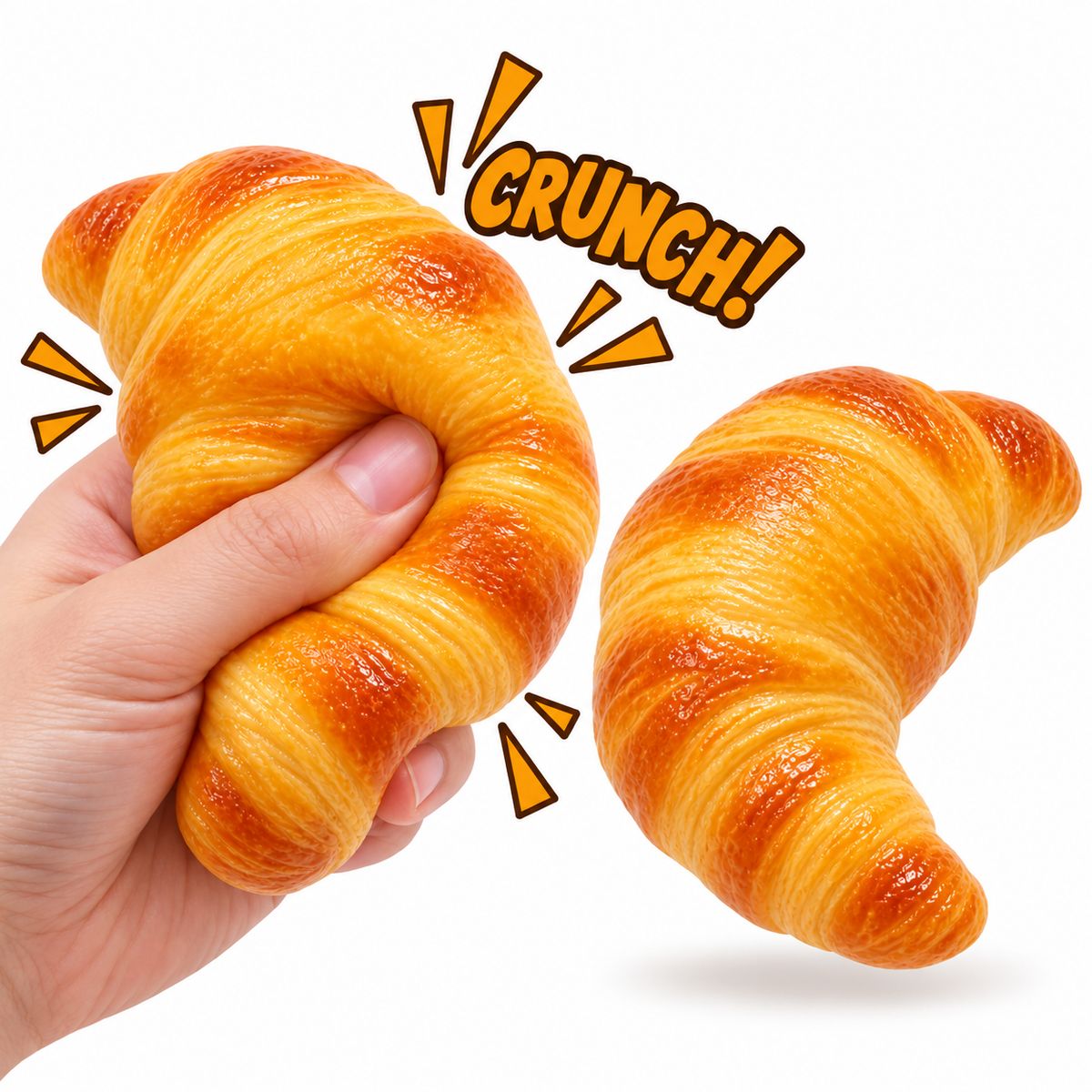 Crunchy Squishies Croissant Squeeze Toy 2-Pack – Crispy Crunch Sound Stress Balls | ASMR Sensory Fidget Toys for Adults & Kids | Realistic Homemade Bakery Squishies