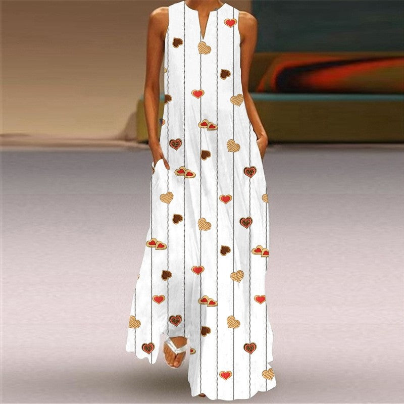 Sleeveless Printed V-Neck Casual Dress