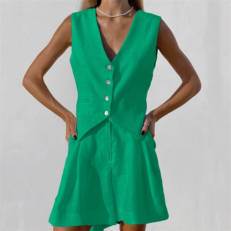 Casual Two-Piece Suit with Sleeveless Single-Breasted Vest and Shorts in Solid Color