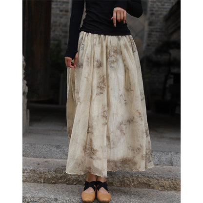 Vintage Tie-Dye Plant Ink Printed Maxi Skirt