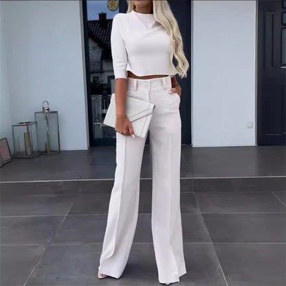 Solid Color Nine-Quarter Sleeve Top and Long Pants Ensemble
