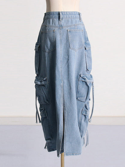 High Waisted Loose Buckle Split-Back Split-Joint Streamer Zipper Skirts