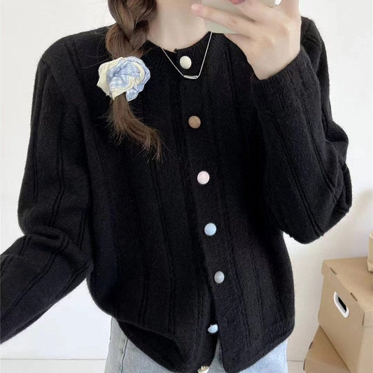 Solid Color Long Sleeve Crewneck Buttoned Cardigan Sweater