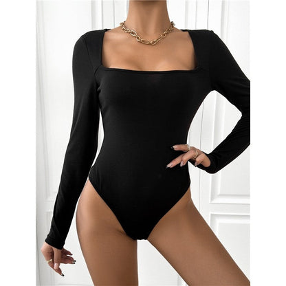 Square Neck Long Sleeve Solid Color Bodysuit Rompers