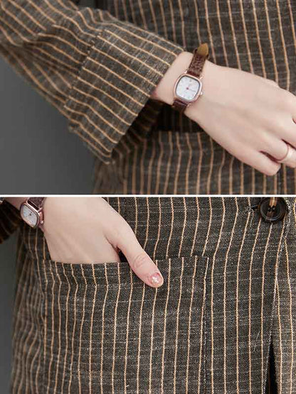 Vintage Ramie Cotton Notched Collar One Button Suits+Column Pants 2 Pieces Set