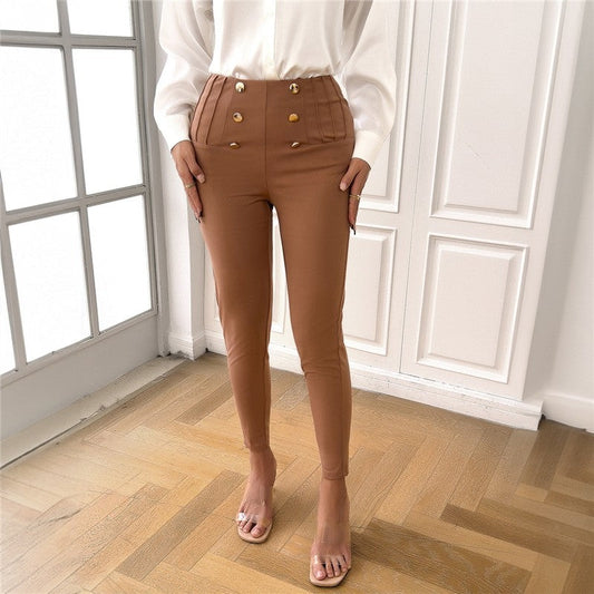 Mid-Rise Solid Color Slim Fit Pencil Trousers