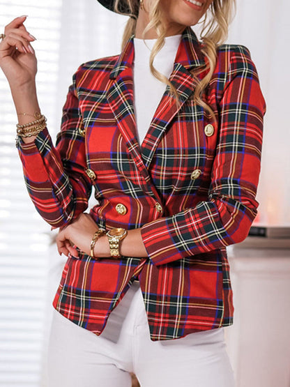 Long Sleeves Loose Buttoned Plaid Pockets Notched Collar Blazer Outerwear