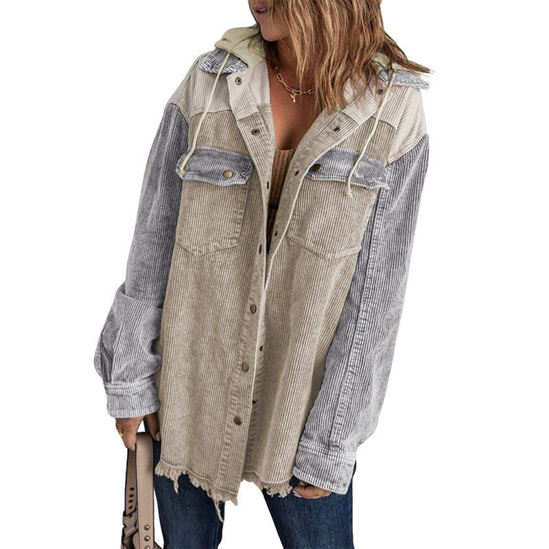 Loose Corduroy Color Block Hooded Jacket