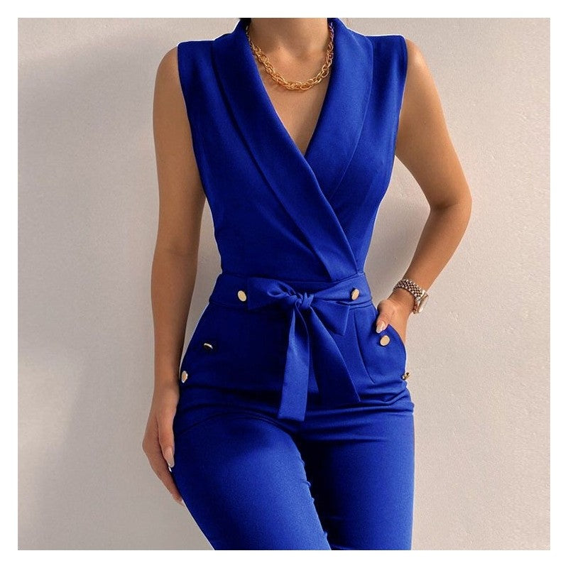Solid Color V-Neck Sleeveless Jumpsuit - Professional Chic