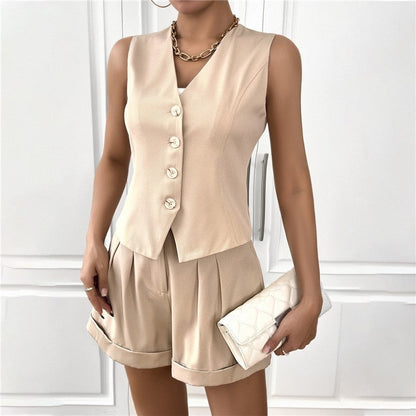 Sleek V-Neck Sleeveless Vest and Shorts Set