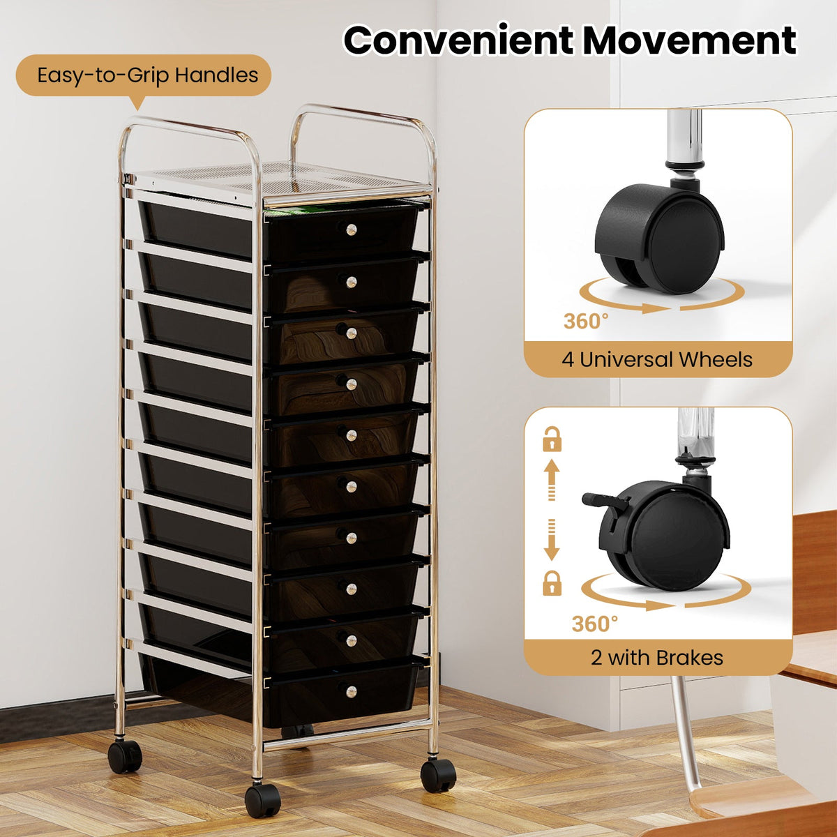 10-Drawer Rolling Storage Cart with Metal Frame and Lockable Universal Wheels