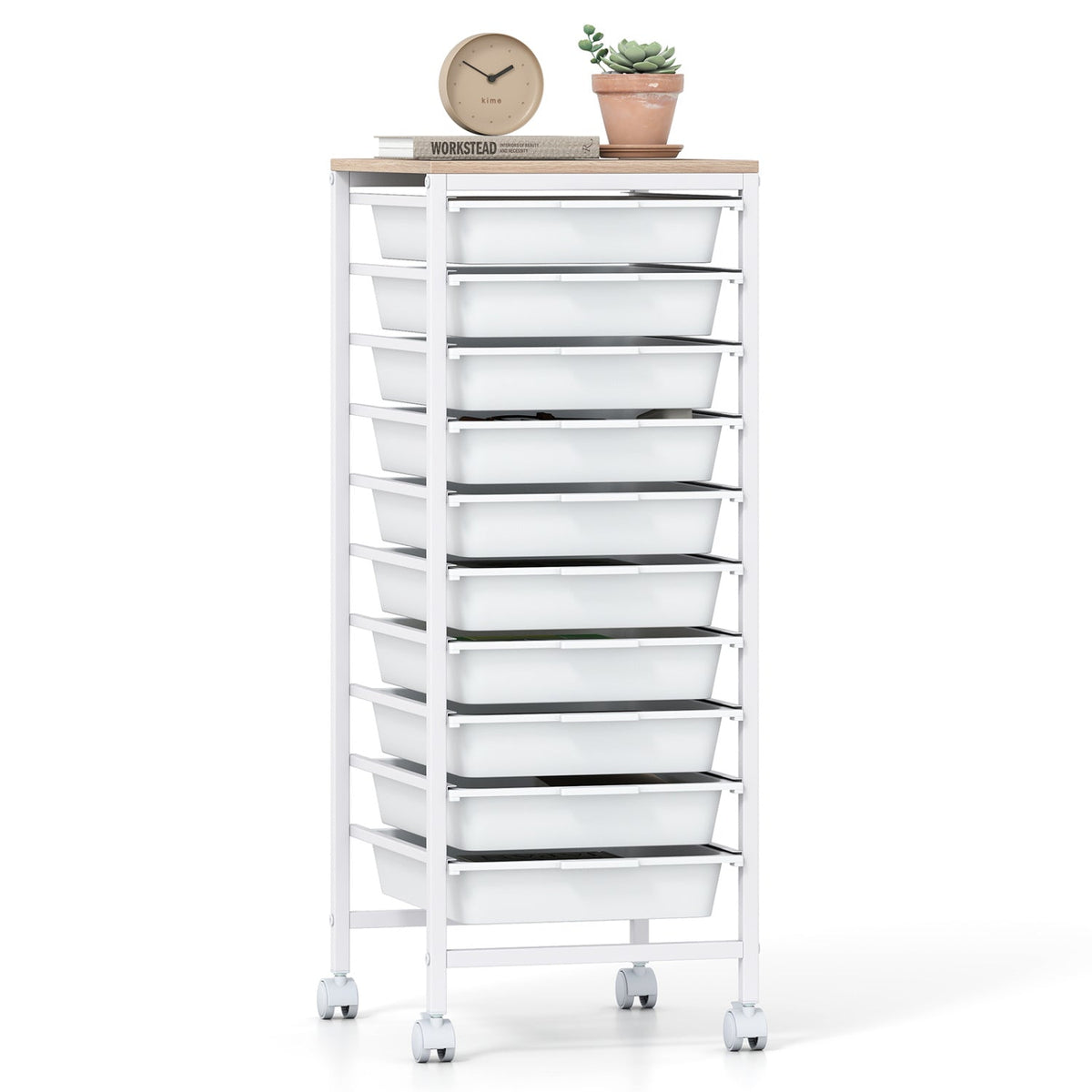 10-Drawer Rolling Storage Cart Mobile Utility Organizer with Wooden Tabletop and Lockable Wheels