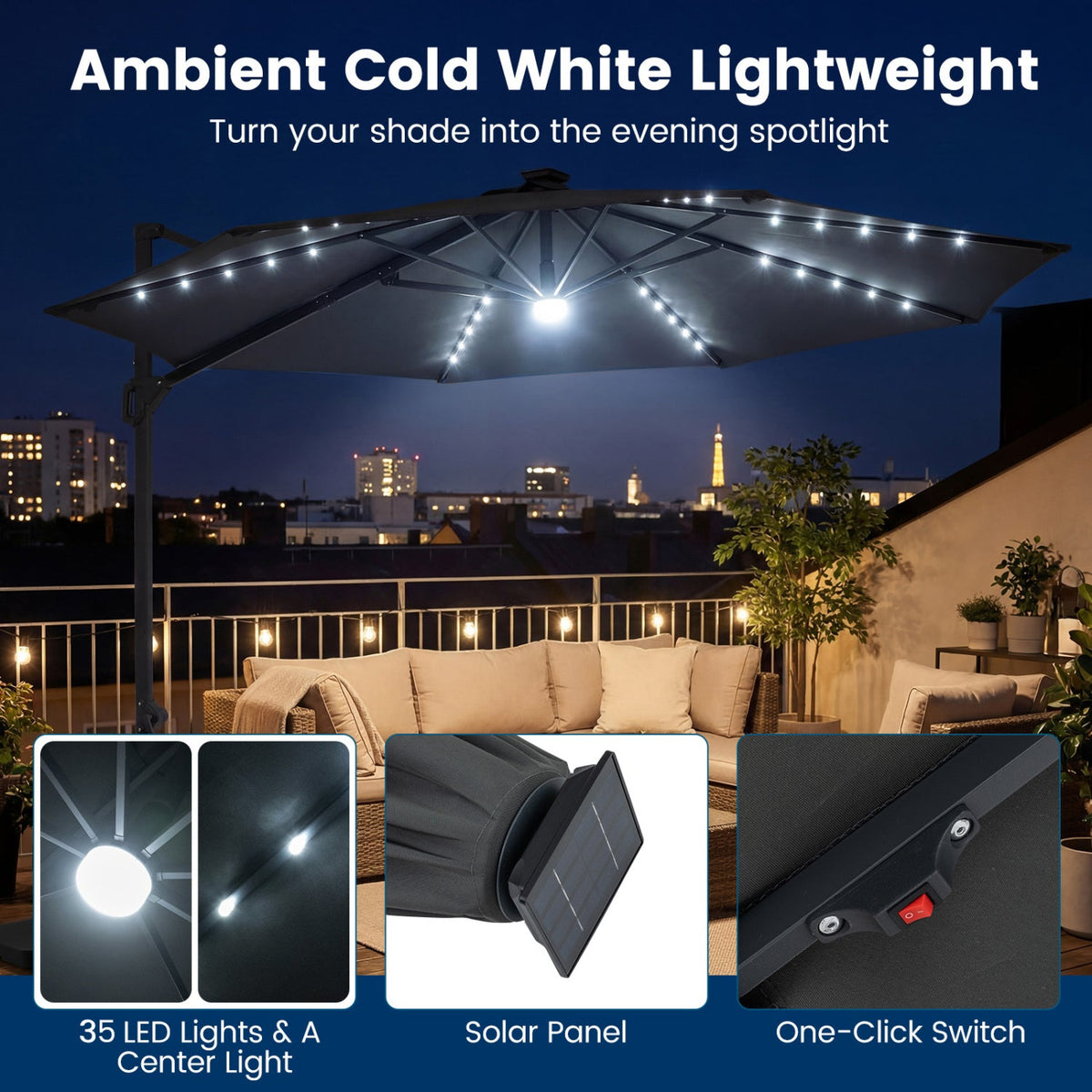 10 FT Cantilever Patio Umbrella with Solar LED Lights 360° Rotation