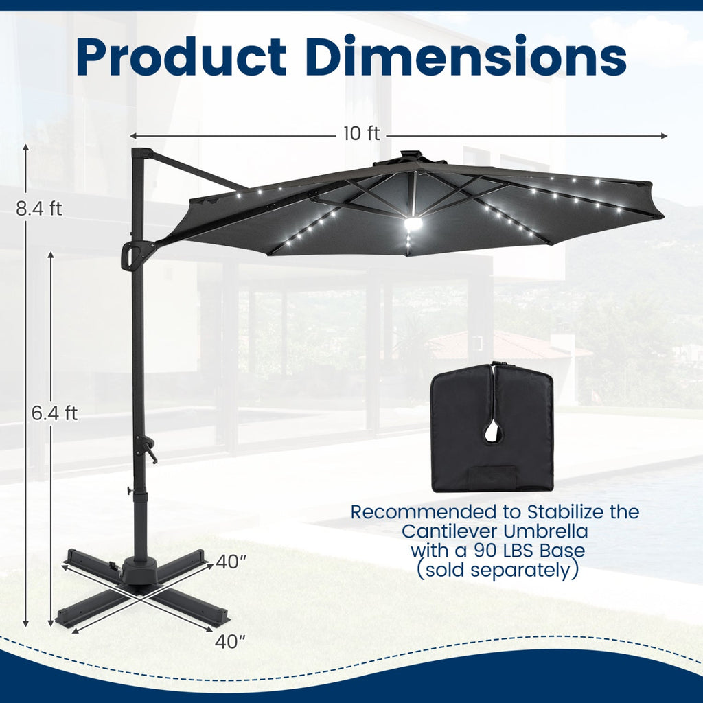 10 FT Cantilever Patio Umbrella with Solar LED Lights 360° Rotation