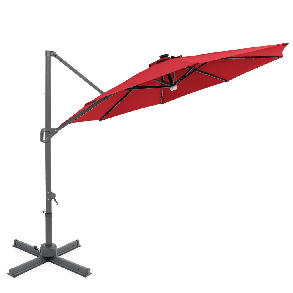 10 FT Cantilever Patio Umbrella with Solar LED Lights 360° Rotation