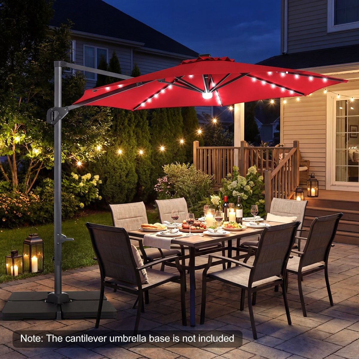 10 FT Cantilever Patio Umbrella with Solar LED Lights 360° Rotation