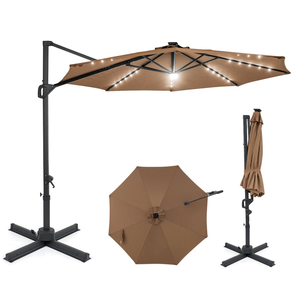 10 FT Cantilever Patio Umbrella with Solar LED Lights 360° Rotation
