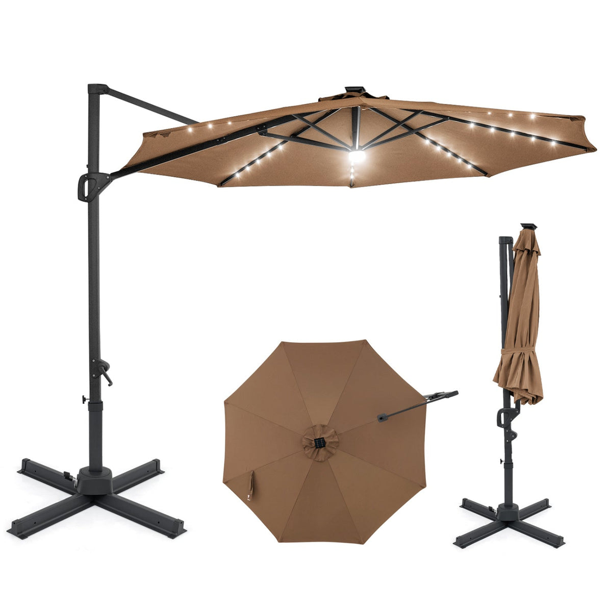10 FT Cantilever Patio Umbrella with Solar LED Lights 360° Rotation