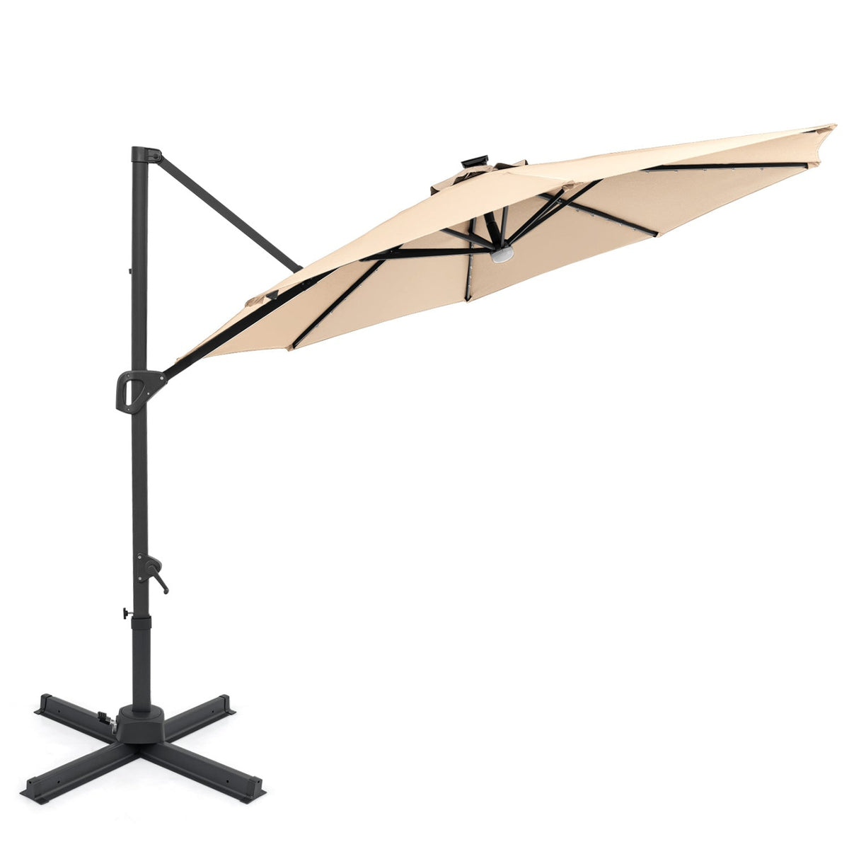 10 FT Cantilever Patio Umbrella with Solar LED Lights 360° Rotation