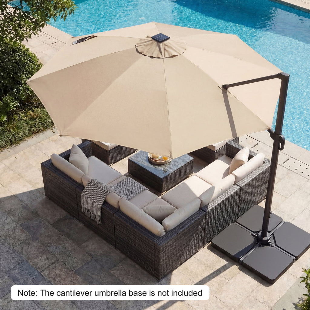 10 FT Cantilever Patio Umbrella with Solar LED Lights 360° Rotation