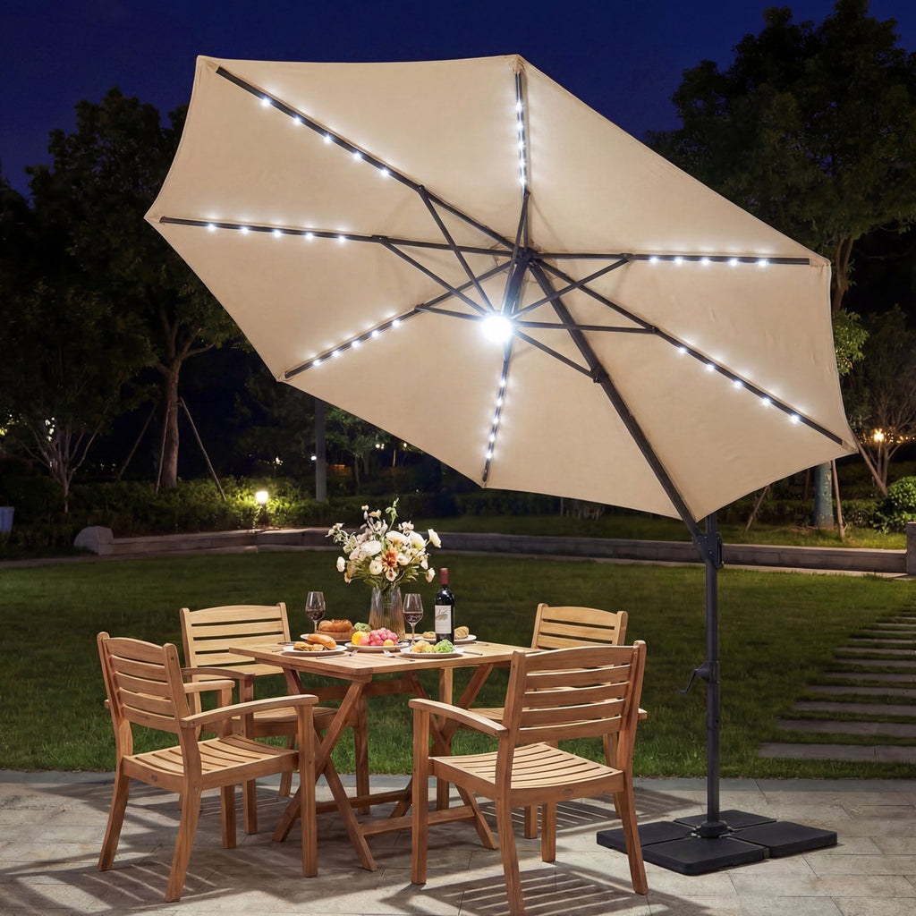 10 FT Cantilever Patio Umbrella with Solar LED Lights 360° Rotation