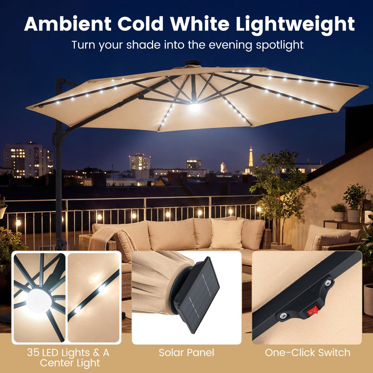 10 FT Cantilever Patio Umbrella with Solar LED Lights 360° Rotation