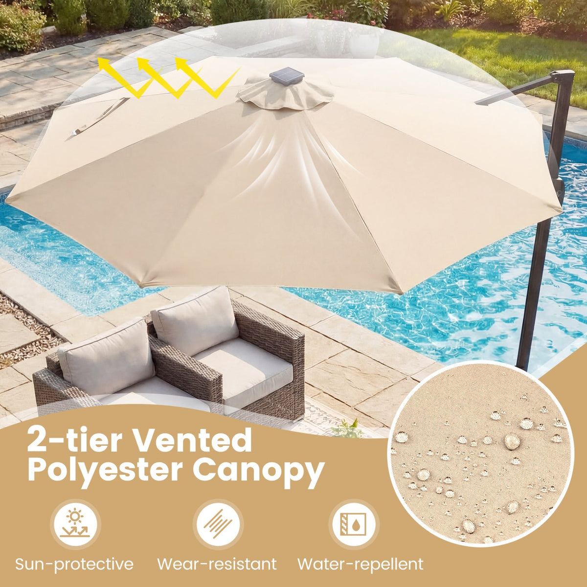 10 FT Cantilever Patio Umbrella with Solar LED Lights 360° Rotation
