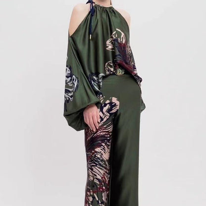 Printing Halterneck Hollow Shoulders Long Sleeve Top And Wide Leg Pants Two Pieces Suits