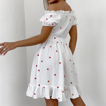 Heart Print One-Shoulder Nightgown with Ruffle Hem
