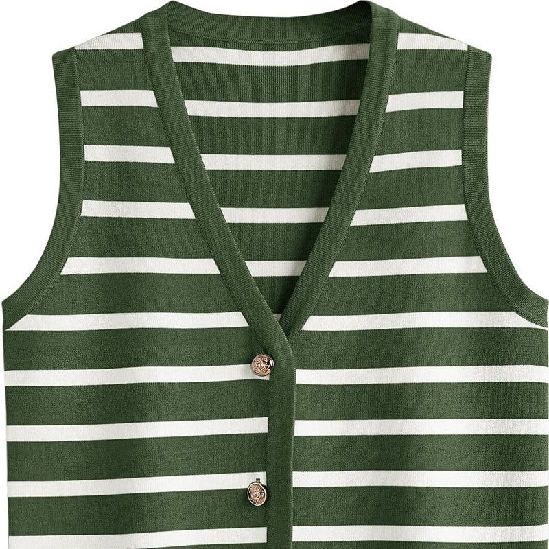 Chic Striped Sleeveless Button-Up Cardigan