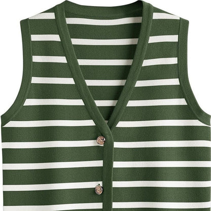 Chic Striped Sleeveless Button-Up Cardigan
