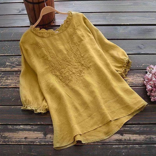 Linen and Cotton Embroidered Short-Sleeve Blouse