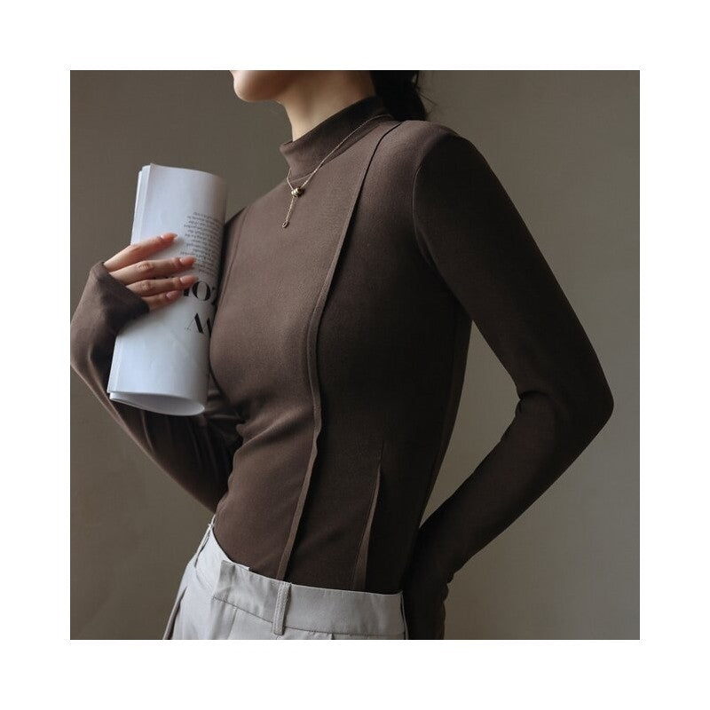 Solid Color Half High Collar Velvet Long Sleeve Top