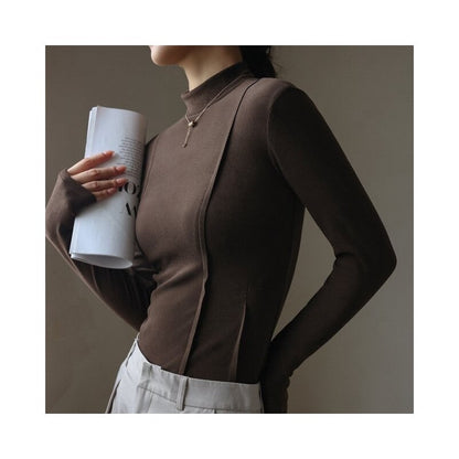 Solid Color Half High Collar Velvet Long Sleeve Top
