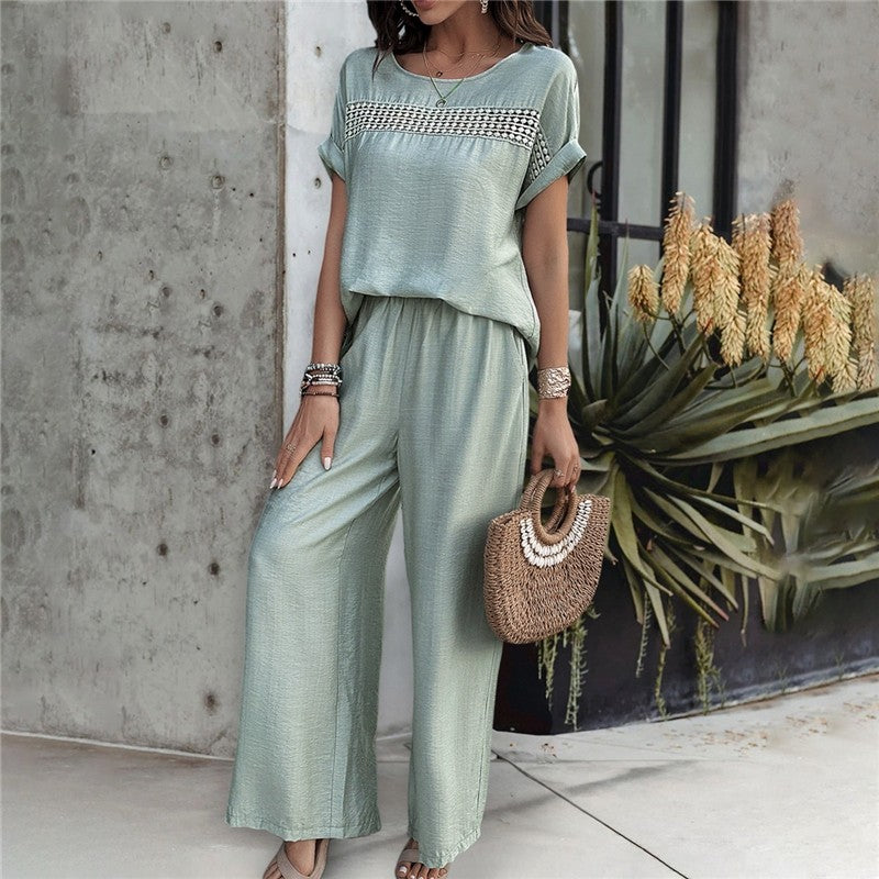 Casual Solid Color Short Sleeve Top and Long Pants Set