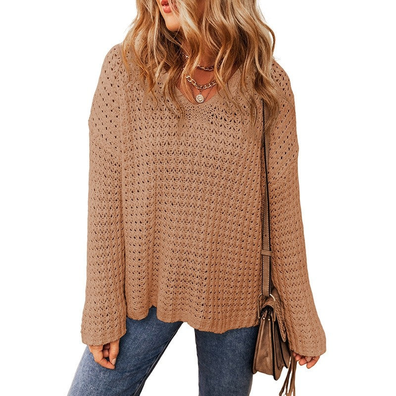 Solid Color Hollow Out Long Sleeve Sweater
