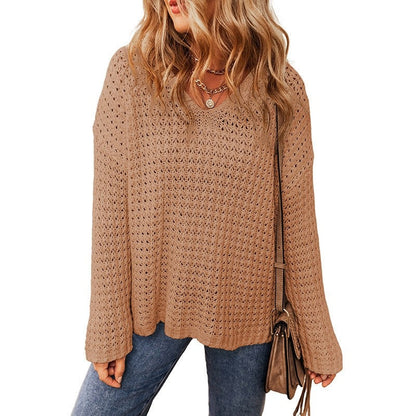 Solid Color Hollow Out Long Sleeve Sweater