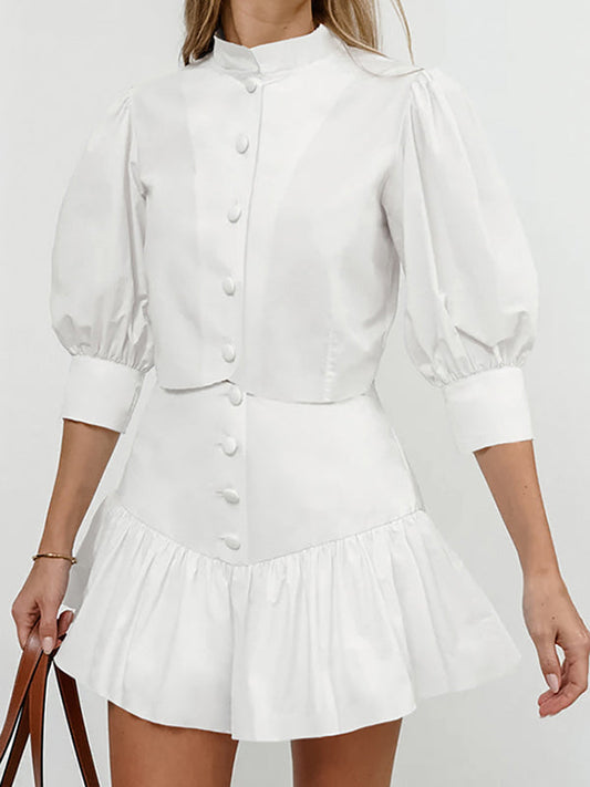 Half Sleeves Loose Buttoned Pleated Solid Color Split-Joint Stand Collar Blouses Top +  Skirts Bottom Two Pieces Set